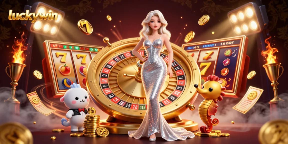 Experience the excitement at luckywin with a glamorous casino scene featuring vibrant gaming elements.