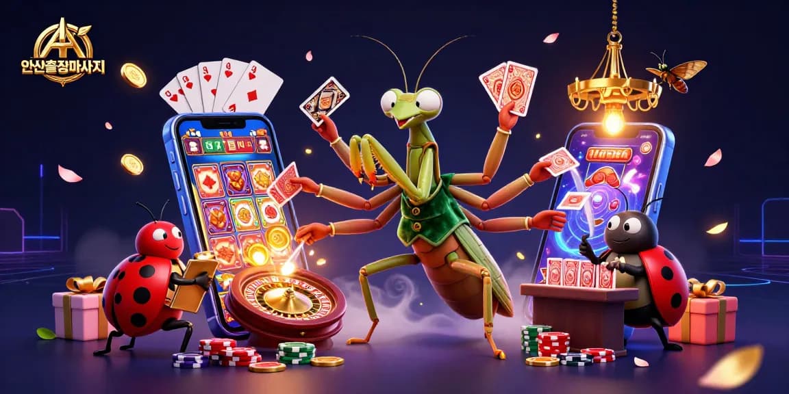 Experience the thrill of 안산출장마사지 as the giant mantis and ladybug engage in lively gambling with cards and chips.