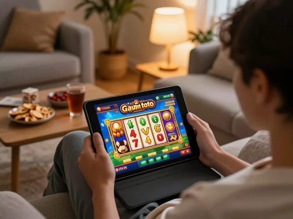Person enjoying gajah toto slot game interface on tablet in cozy home setting
