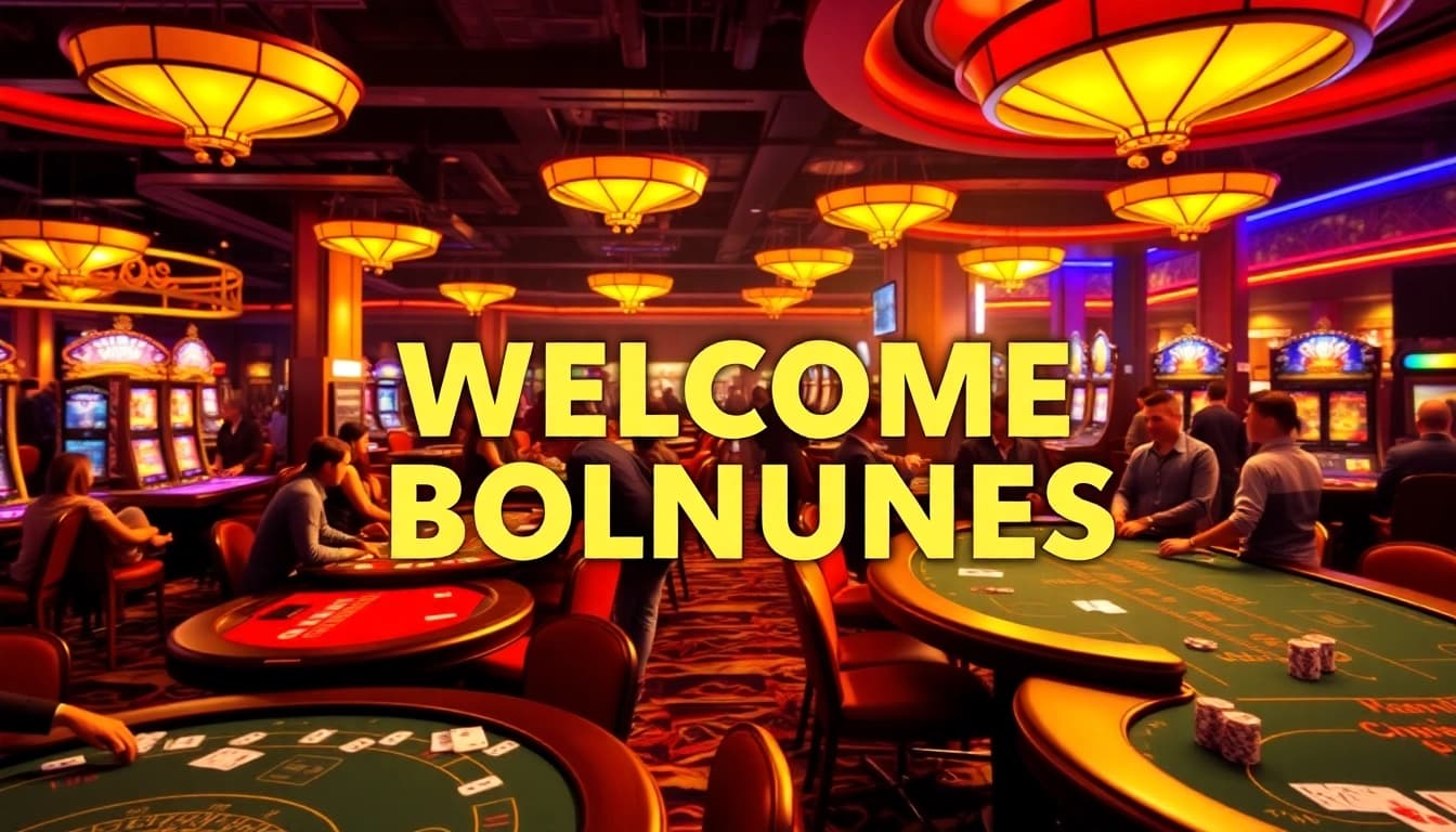 Capture the excitement of welcome bonuses in a vibrant casino atmosphere.