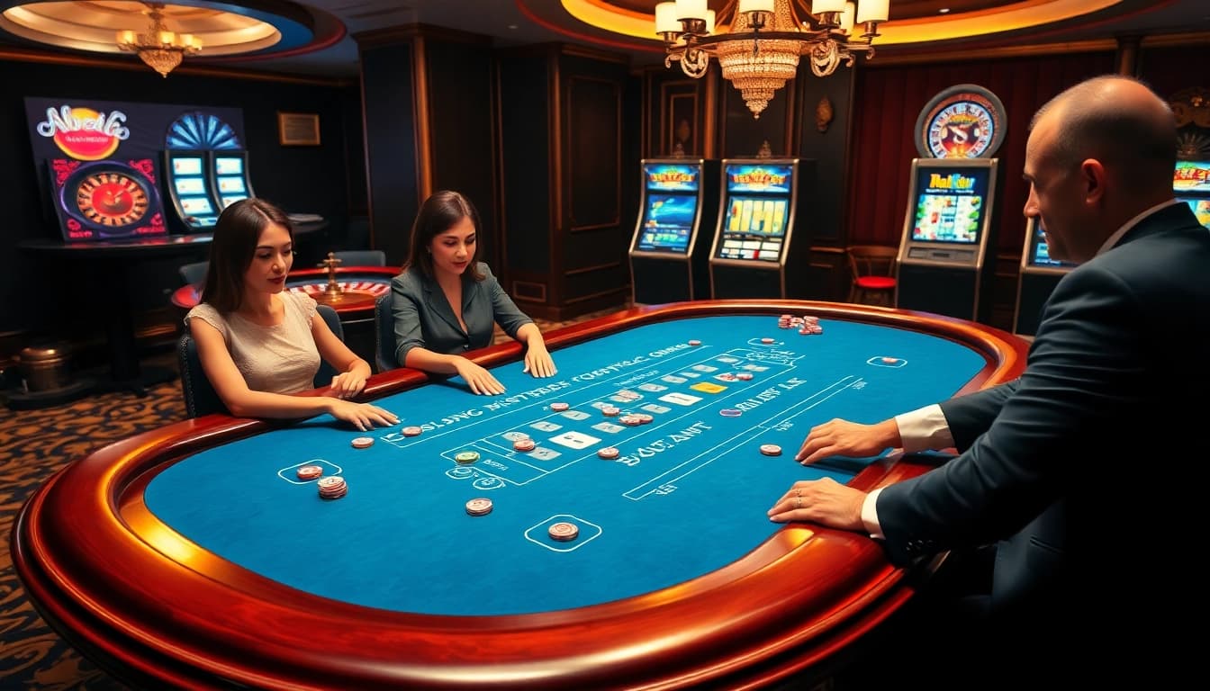 Players enjoying high-stakes action at Kubet's blackjack table in a luxurious casino setting.