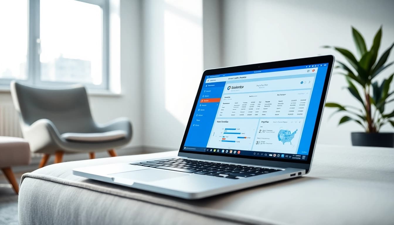 Showcase a sales navigator scraper tool interface on a laptop in a modern office.