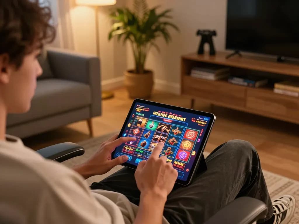 Engaging with Link Gaco online slots on stylish tablet in cozy gaming setup.