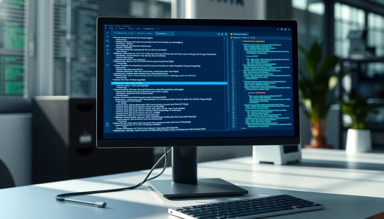 Showcasing a test automation tool on a sleek desk, emphasizing vibrant tech setup and productivity.