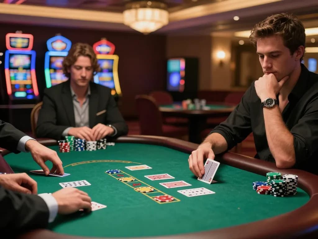tg88 players strategizing in high-stakes poker game on an elegant casino floor