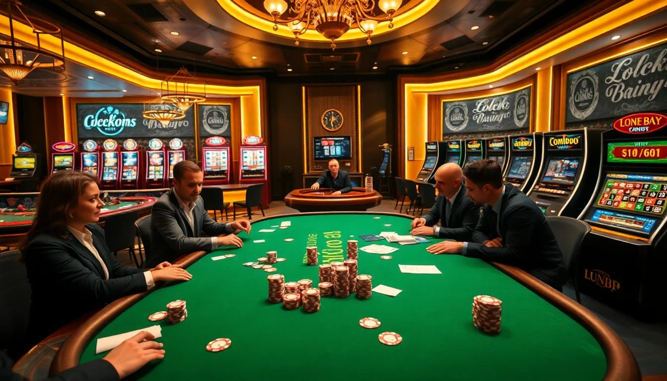 Experience the excitement of the Luck8 win at a luxurious online casino with vibrant poker tables and thrilling gaming.