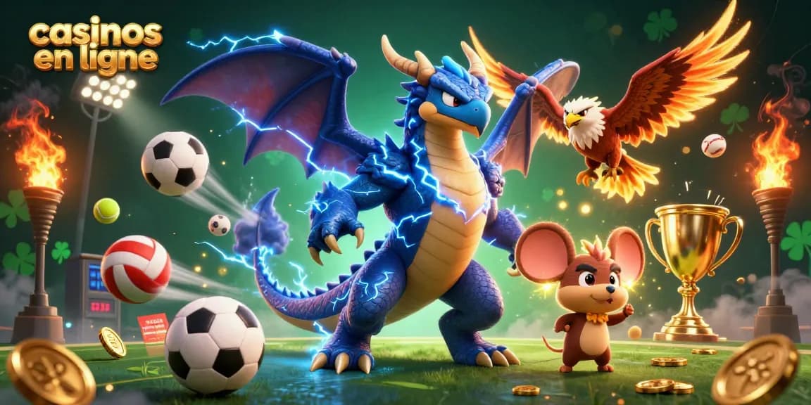 Venez jouer aux casinos en ligne avec des personnages fantastiques et des éléments de jeu excitants dans cette illustration dynamique.
