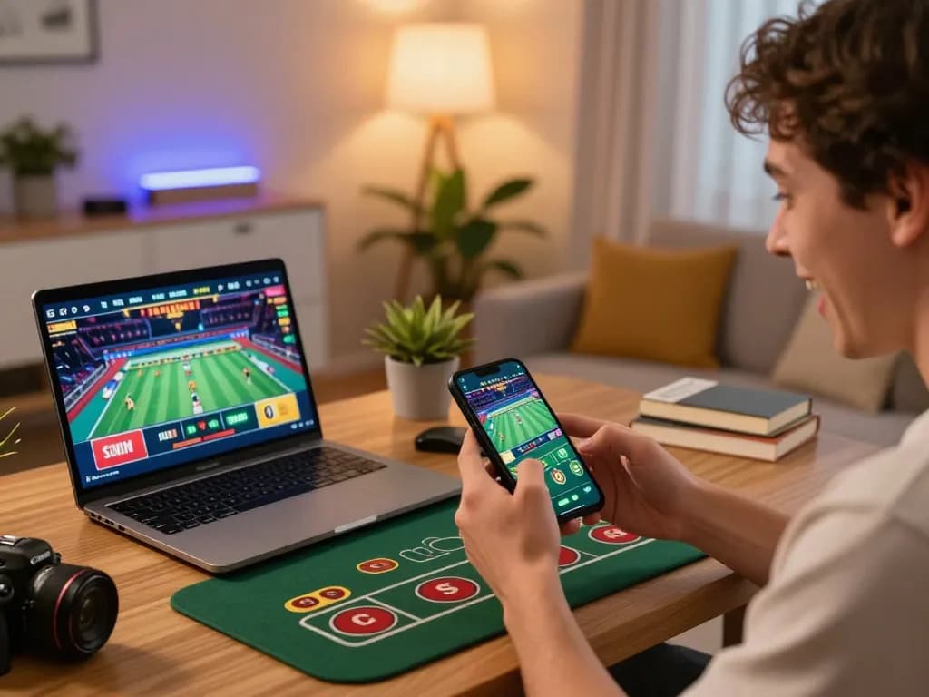 Experience fb88 đăng nhập through a thrilling mobile gaming setup, showing an engaged player betting in a cozy environment.