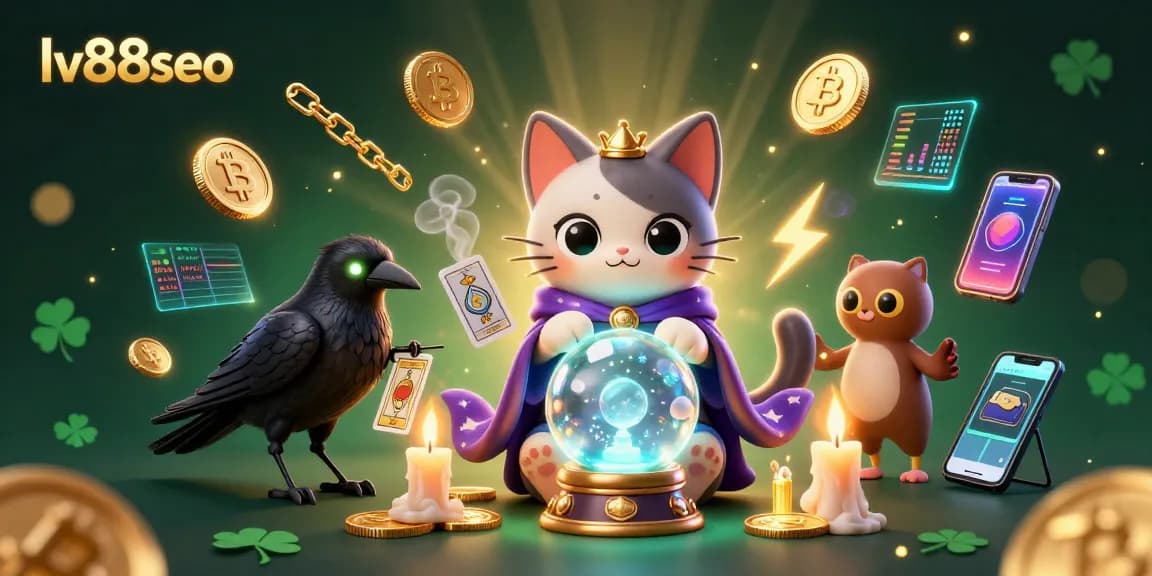 Experience winnings at lv88seo with a mystic cat, tarot raven, and glowing crypto coins.