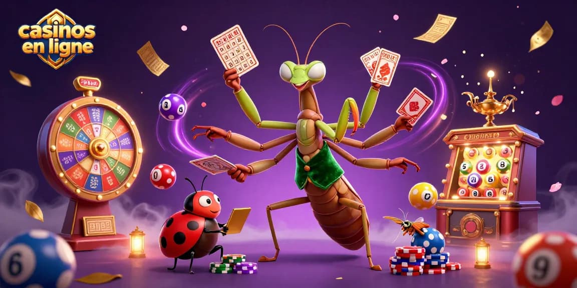 Vivez l'expérience des casinos en ligne avec ce décor dynamique illustrant des jeux et de l'excitation.