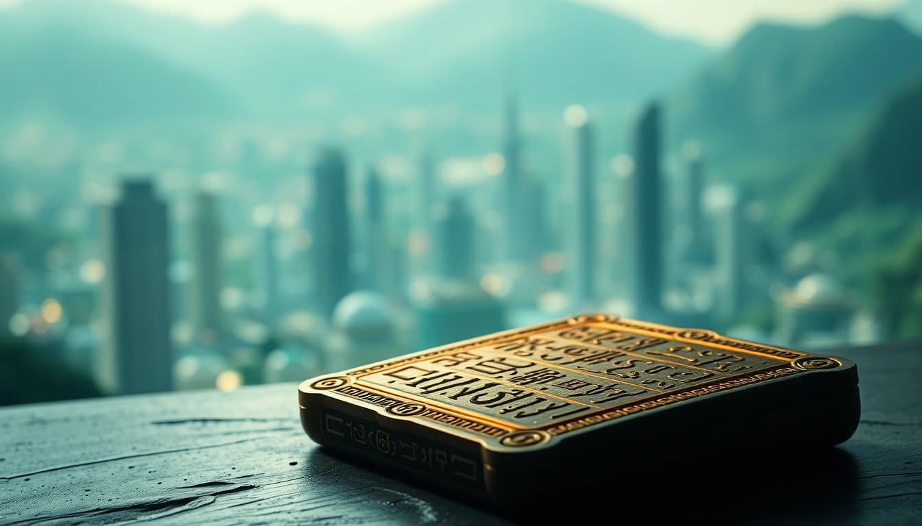 Illustrating the essence of www.trilgameshproject.com with an ornate tablet and futuristic cityscape.