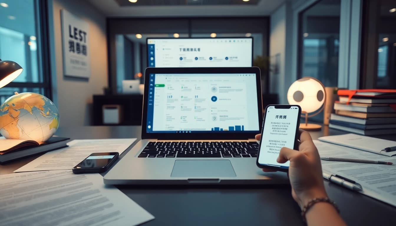Experience the power of 有道翻译 in a modern office setting, showcasing advanced technology.