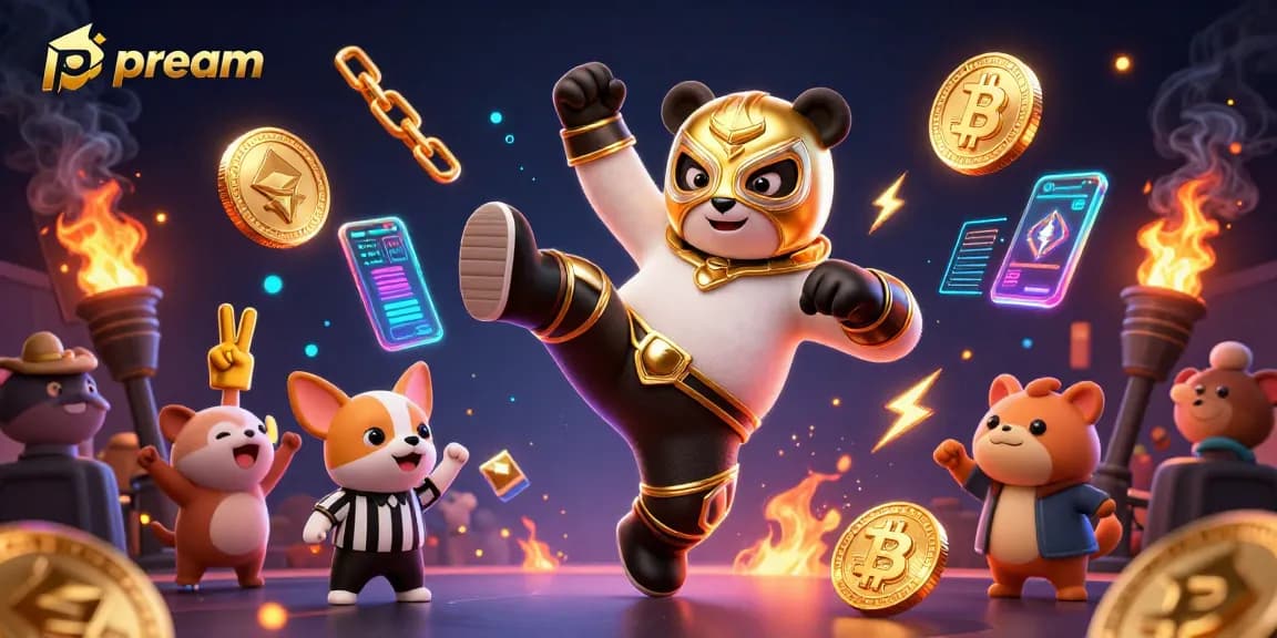 Gain insights with phdream in an action-packed casino scene featuring a panda and vibrant crypto elements.