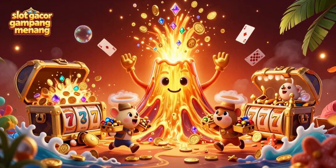 Experience the thrill of slot gacor gampang menang as treasure erupts from a golden volcano, capturing the essence of winning big.