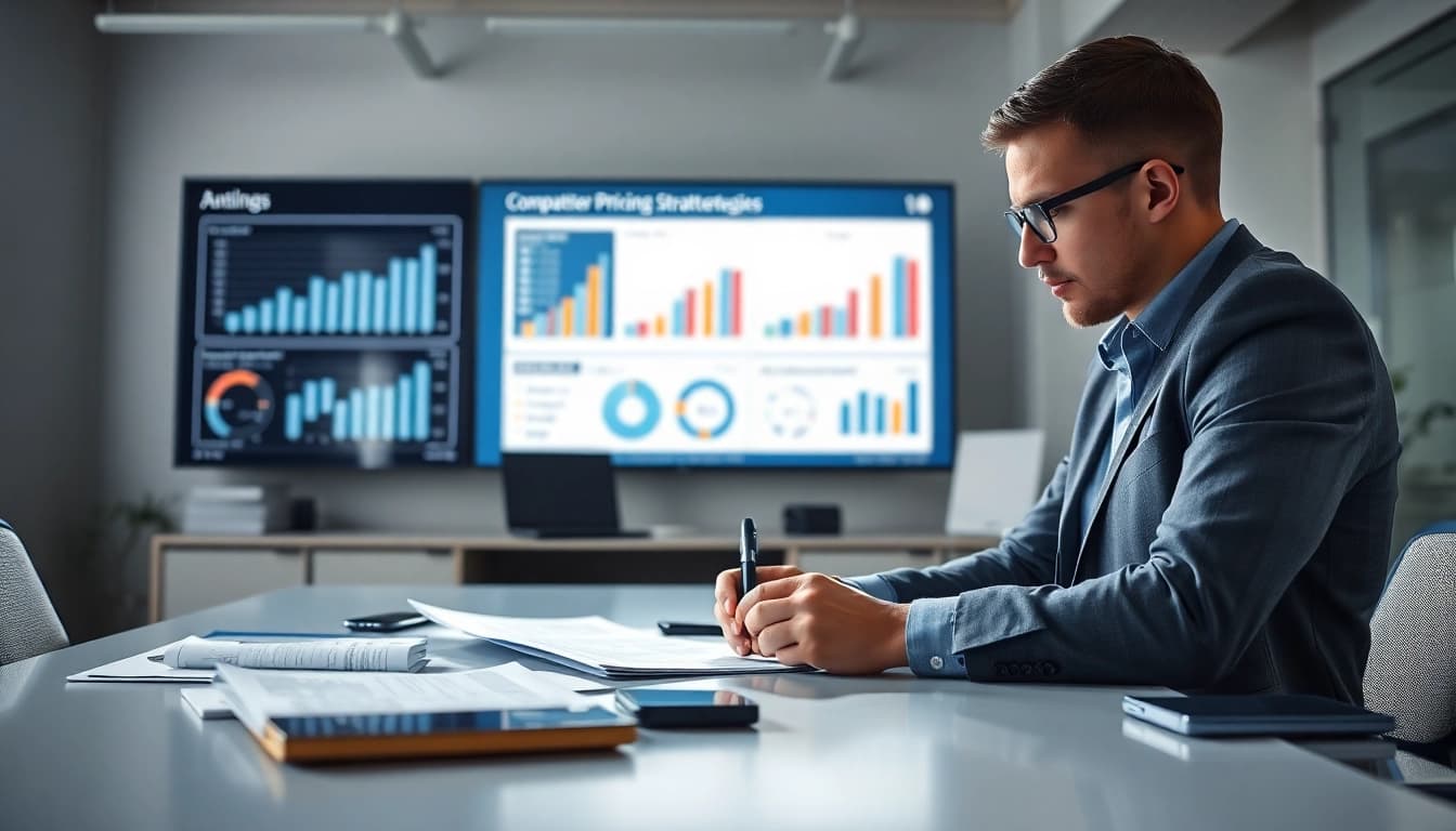 Find competitor pricing by analyzing charts and reports in a modern office setting.