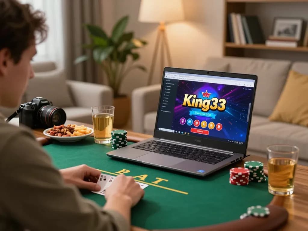 Player enjoying king33 poker game on laptop in cozy living room setting