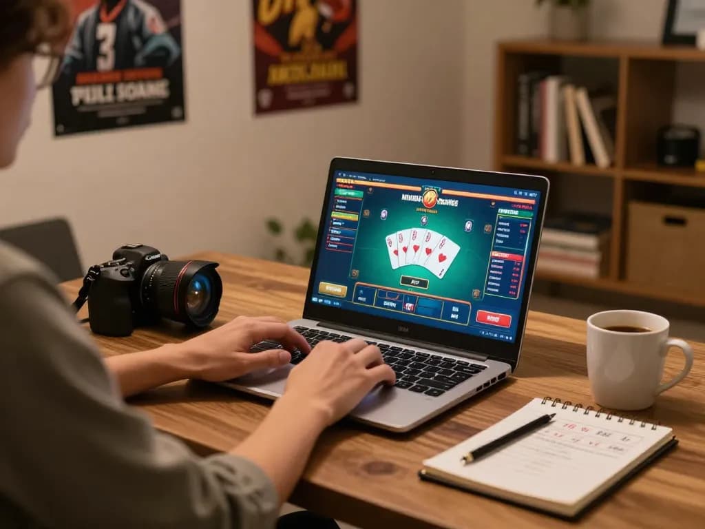 Engaging in online casino gameplay at home, play iwin net with friends and strategy notes nearby.