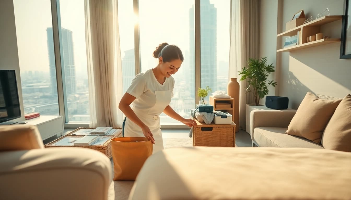 Efficient Maid Dubai organizing a neat home, reflecting cleanliness and comfort.