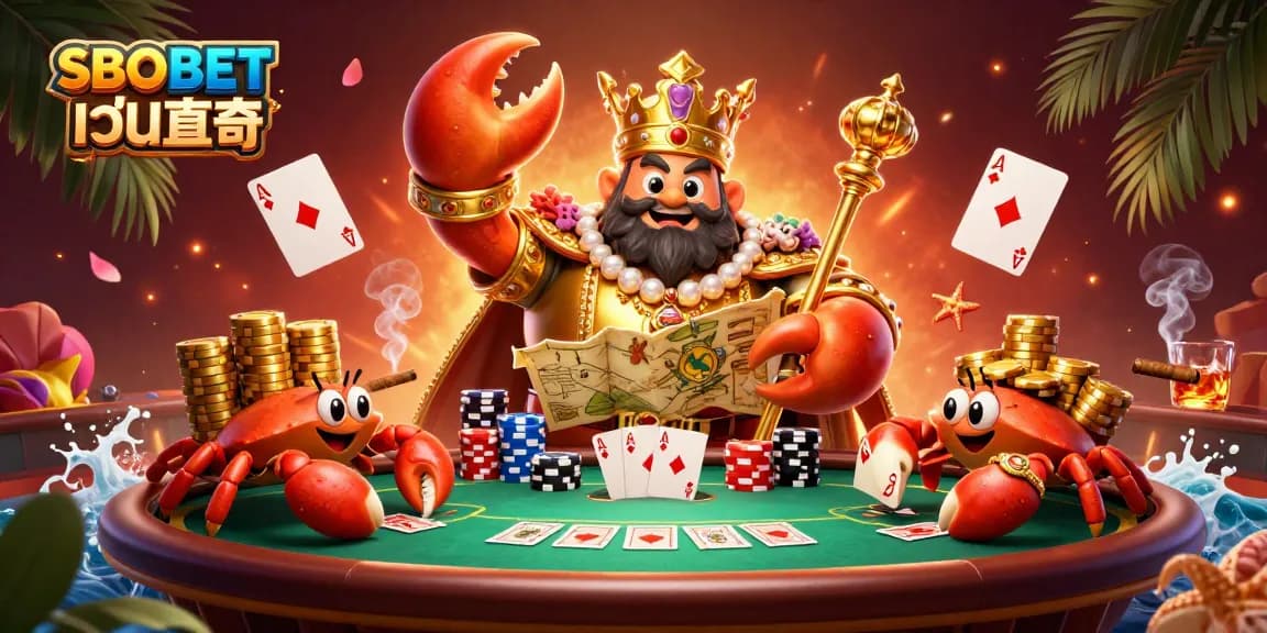 Experience exciting gameplay with SBOBET เว็บตรง, featuring a golden crab emperor surrounded by poker elements.