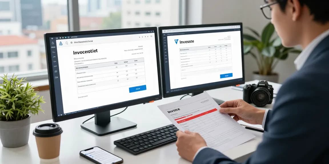 Analyze and detect fake invoices using AI technology in a modern office setting.