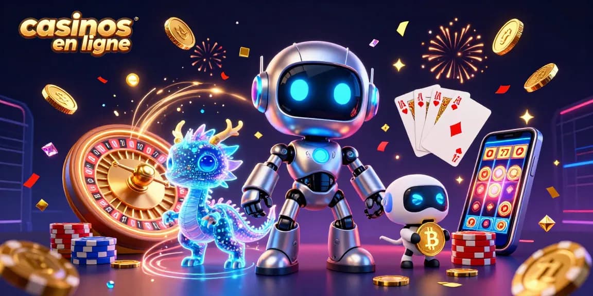 Profitez de l'expérience des casinos en ligne grâce à une illustration dynamique de mascottes futuristes entourées de jeux de hasard.
