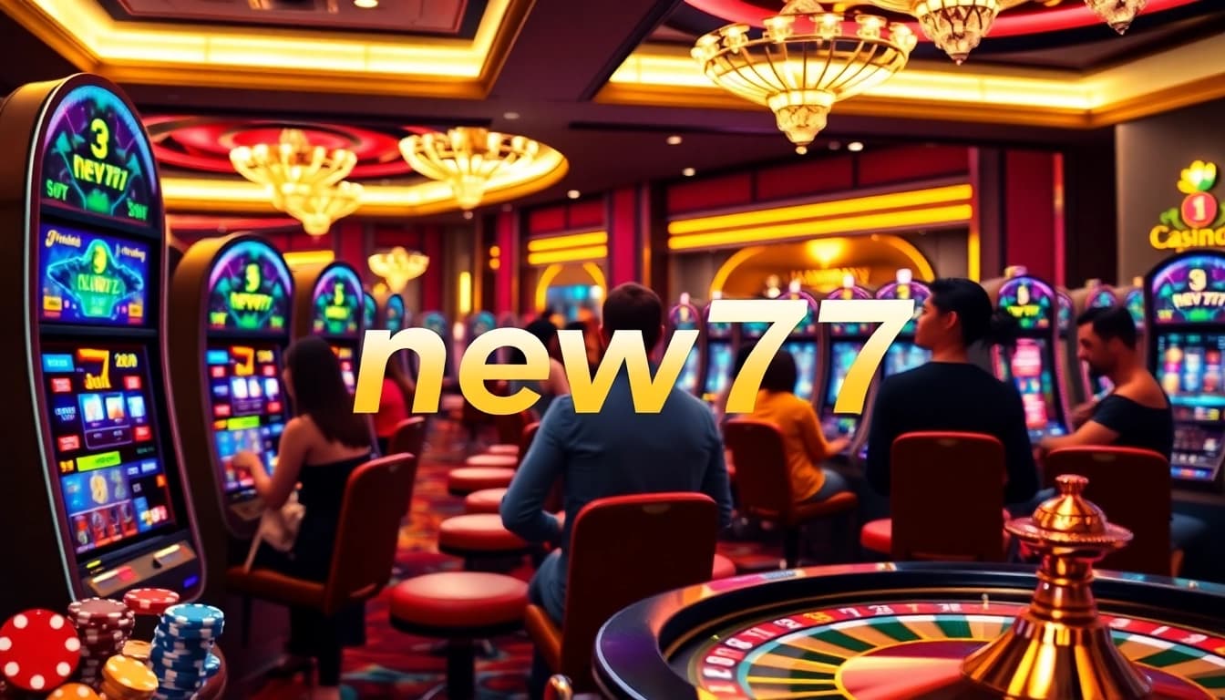 Discover the excitement of new77 with gamblers enjoying vibrant slot machines in a luxurious casino.