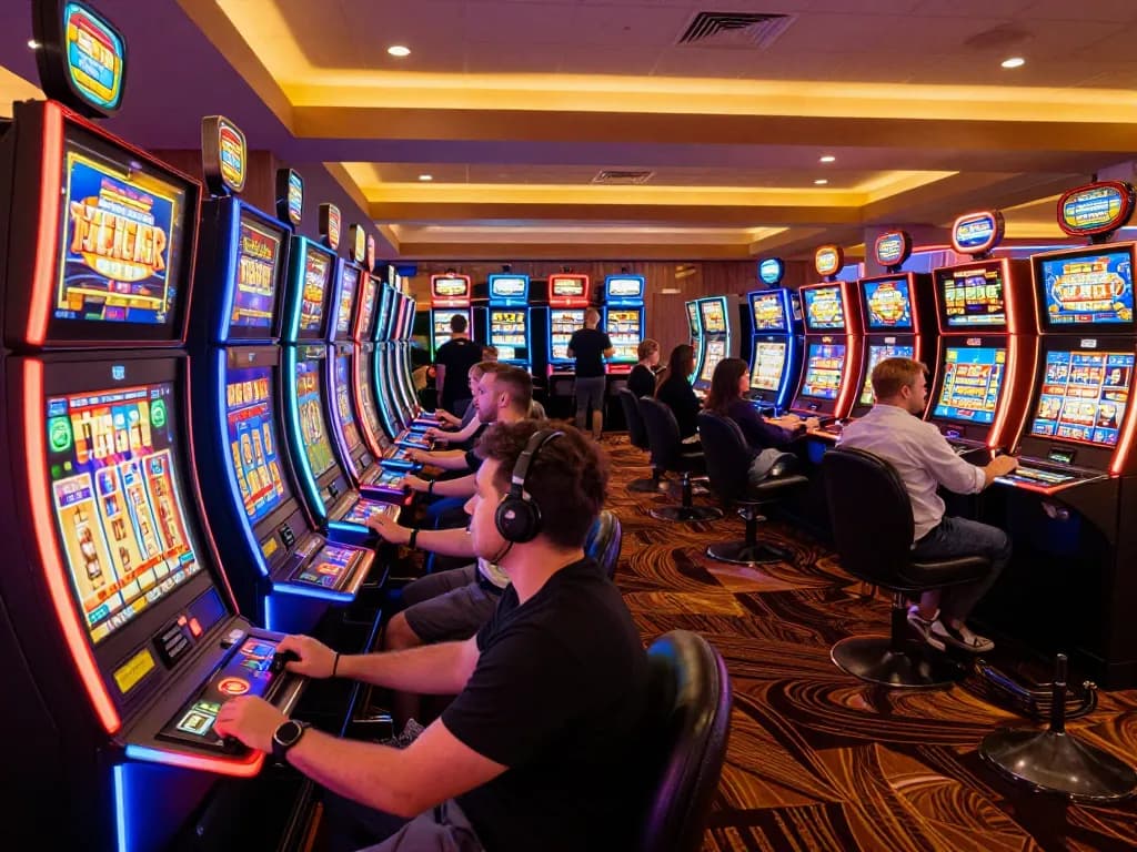 Engaging players at slot machines celebrating wins in vibrant casino atmosphere.