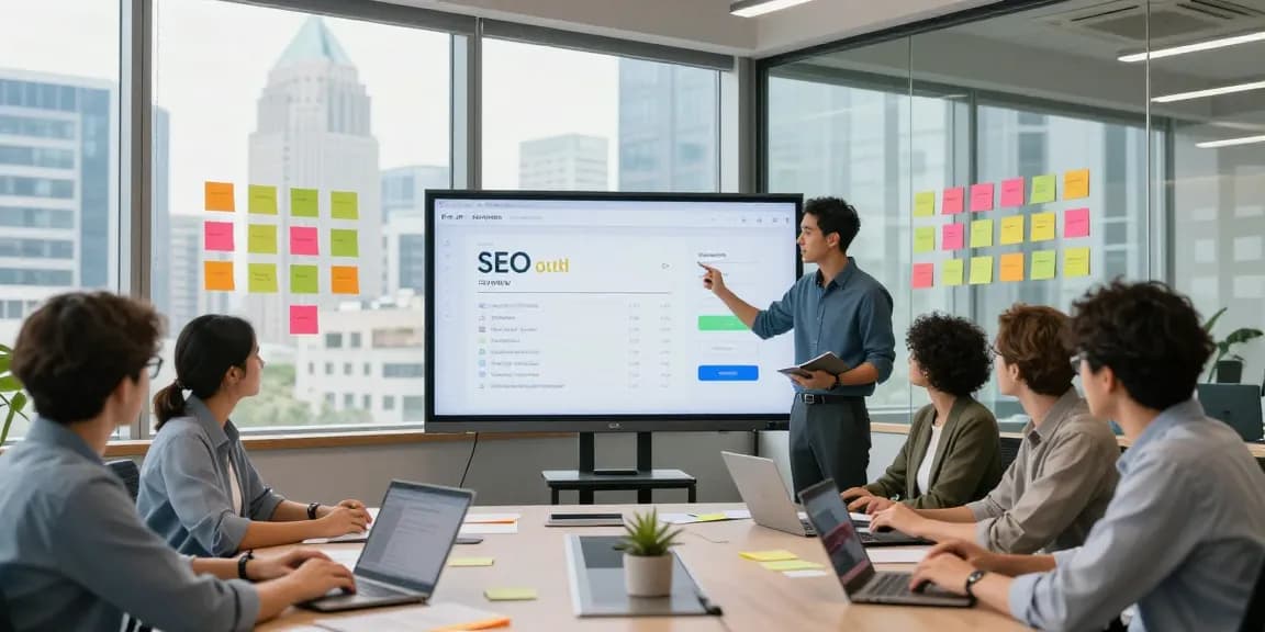 Team strategizing on rokok88's SEO optimization in a modern workspace