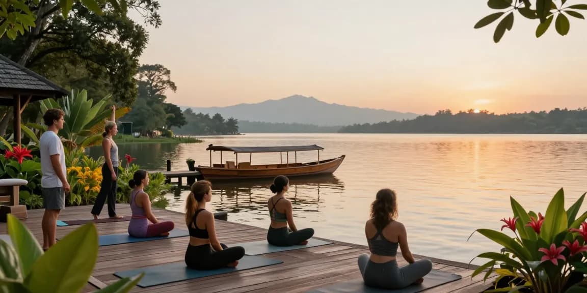 Vinyasa yoga retreat Sri Lanka at sunrise, participants practicing on a lakeside deck overlooking Koggala Lake.