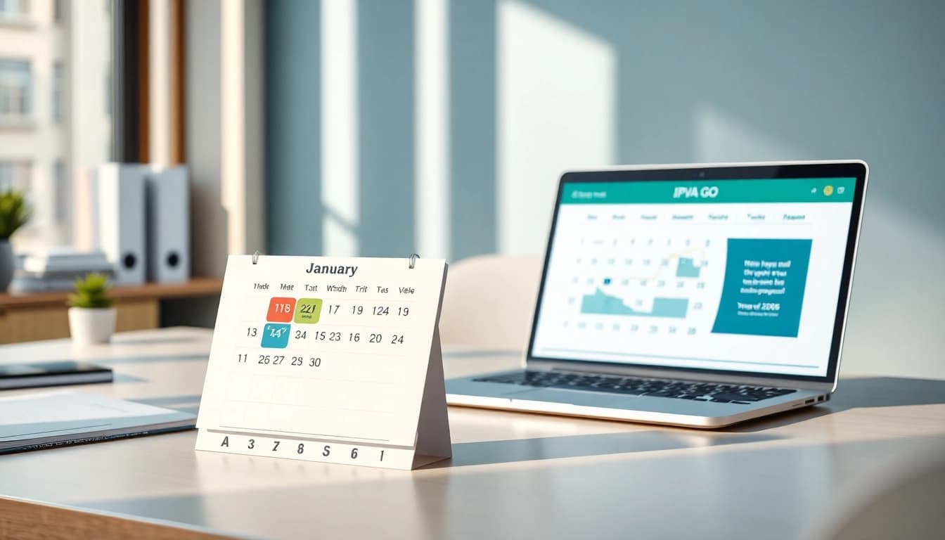 Calendar for IPVA GO 2026 with payment deadlines and Detran GO website on a laptop, highlighting tax organization.