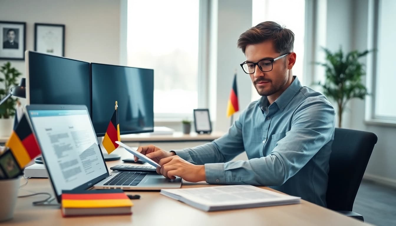 Cadre professionnel présentant un traducteur assermenté allemand travaillant avec des documents.