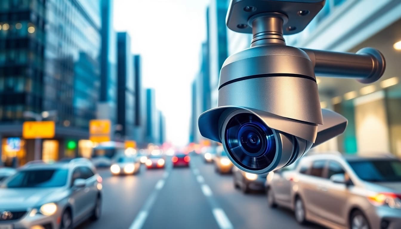 Showcasing automatic license plate recognition technology analyzing vehicle license plates in an urban environment.