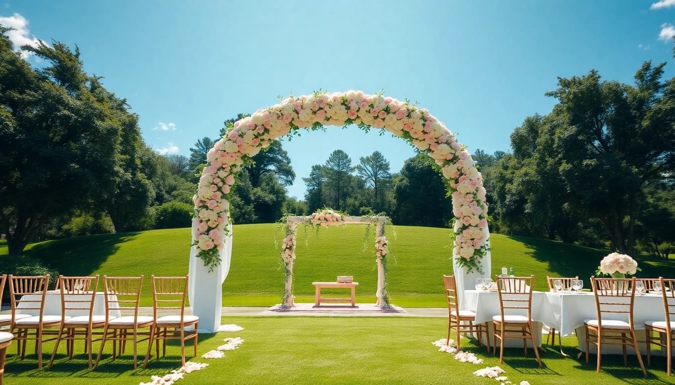 Elegant setup at Jacksonville Wedding Venue featuring a floral arch and lush greenery.