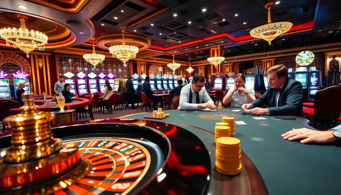 Experience the excitement of LUCK8 with vibrant casino gaming tables and players strategizing.