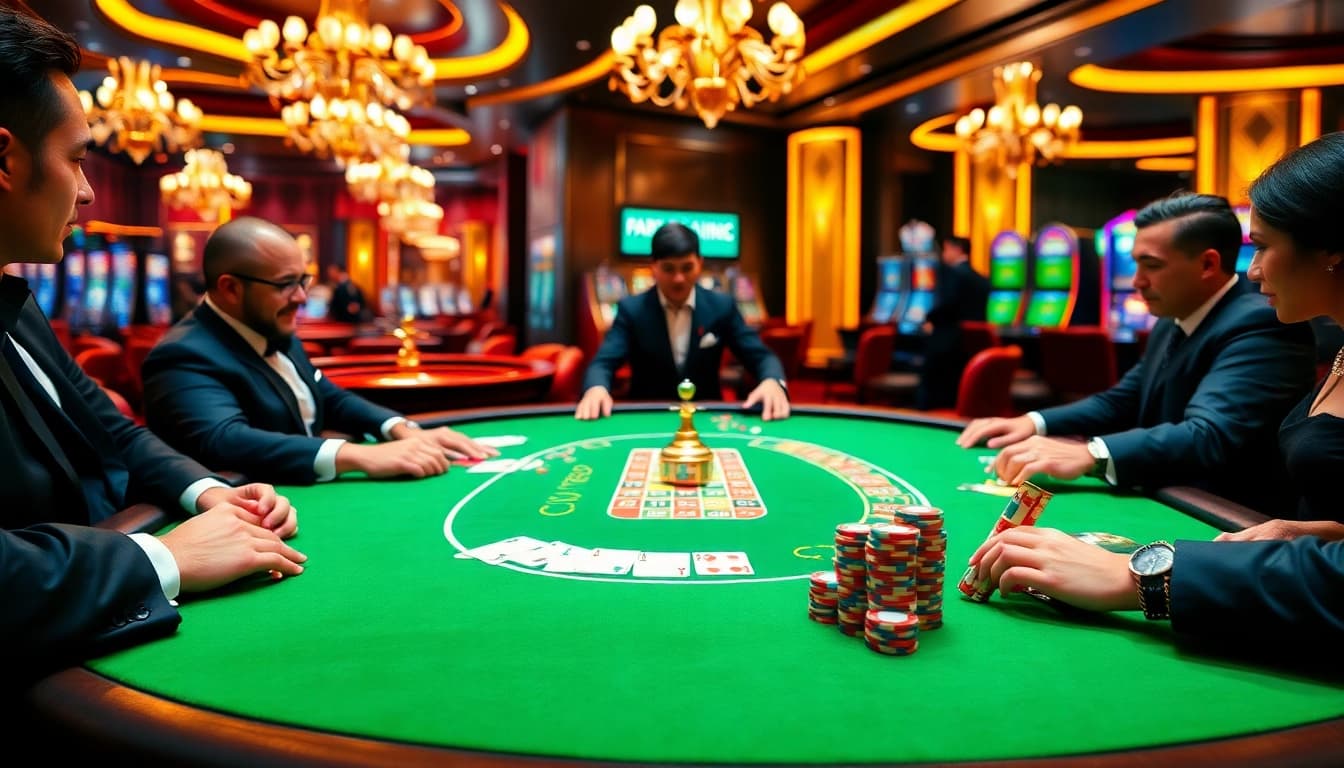 Terlibat dalam daftar idn poker di meja kasino yang ramai dikelilingi oleh pemain dan chip poker berwarna-warni.