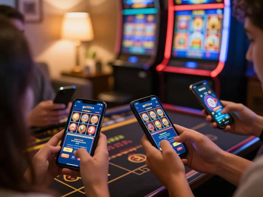 Engaging in gameplay on go88live, showcasing vibrant slot machine action through mobile app in cozy atmosphere.