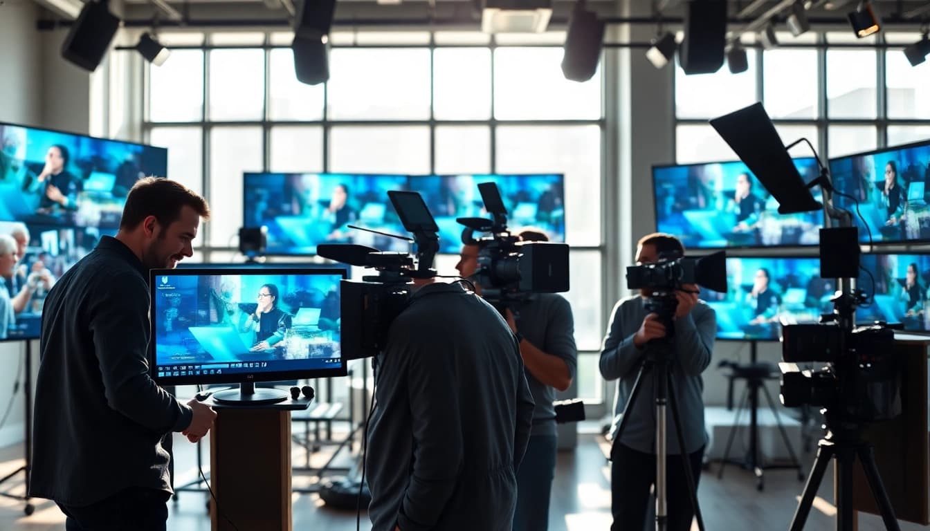 Capture of corporate video production process showcasing professionals at work.