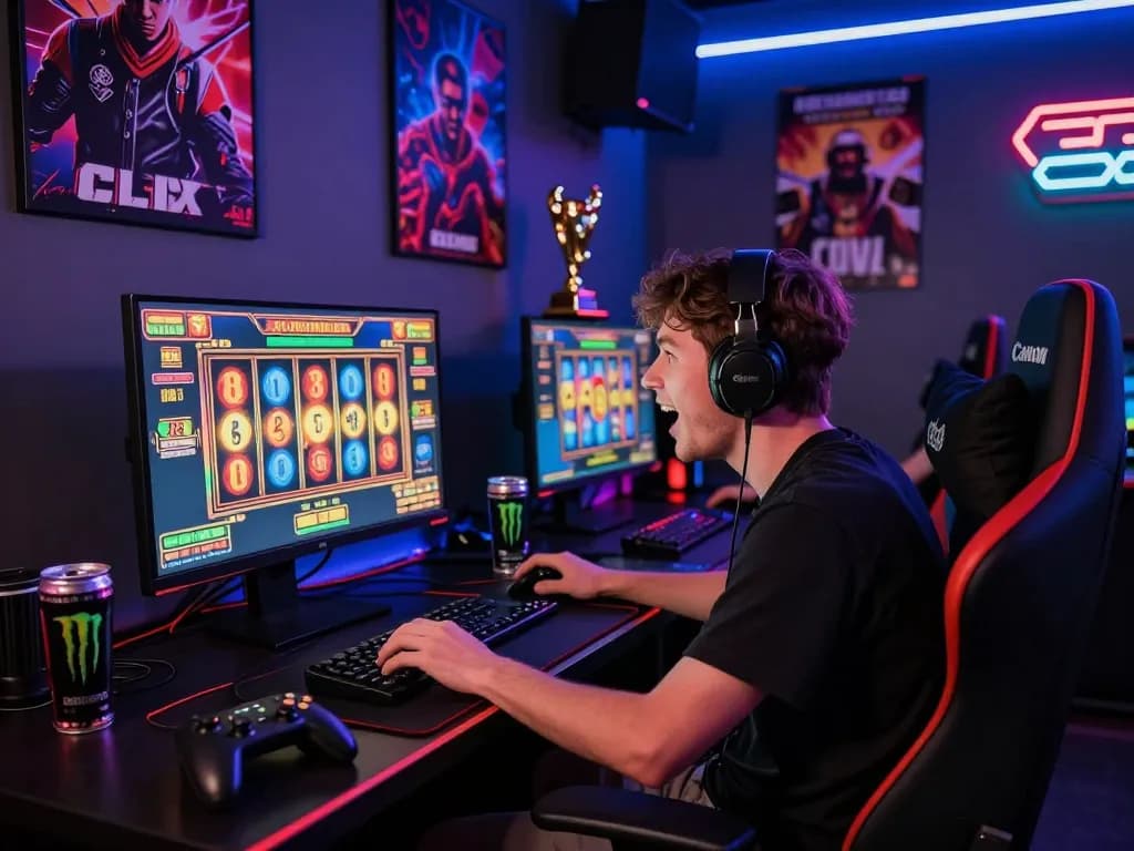 Pemain menikmati situs slot gacor di setelan permainan mereka dengan lampu neon dan suasana yang energik.