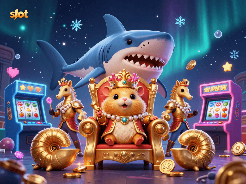 Permainan slot menghadirkan raja hamster emas dengan mahkota karang dikelilingi elemen kasino 3D.