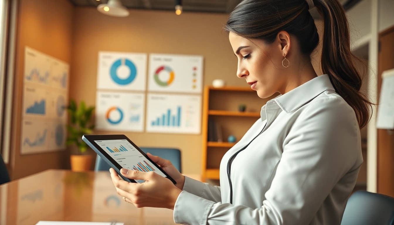 Analyze data and Find competitor customer list with a businesswoman in a modern office.