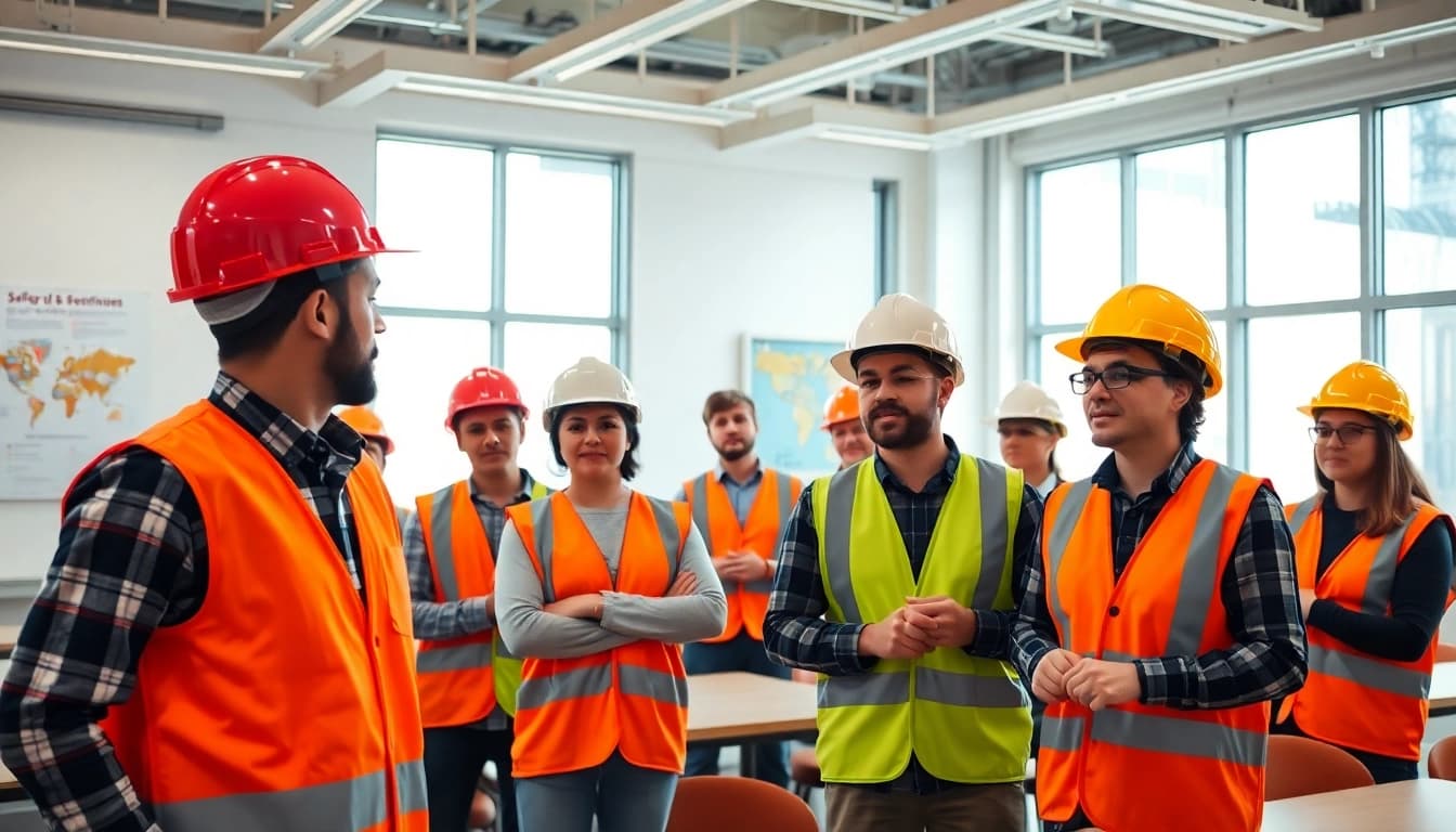 Participants in construction safety classes practicing safety protocols in a bright classroom.
