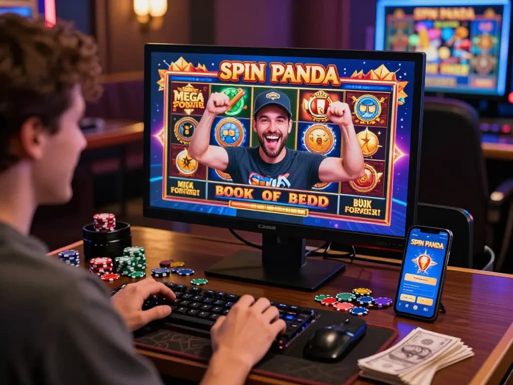 Player celebrating a win at Spin Panda Casino enjoying spinpanda no deposit rewards with vibrant slot graphics.