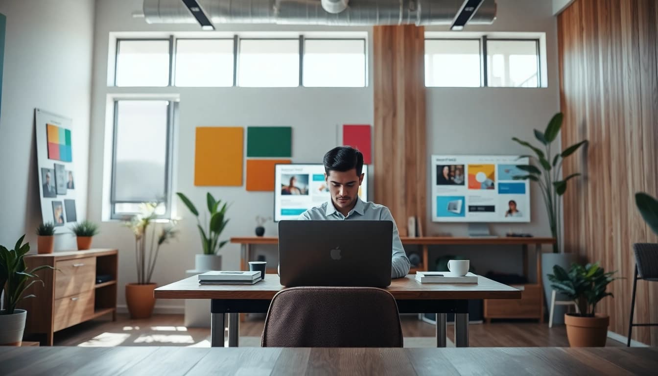 Designing a Hereford website design in a modern office environment with a designer at work.