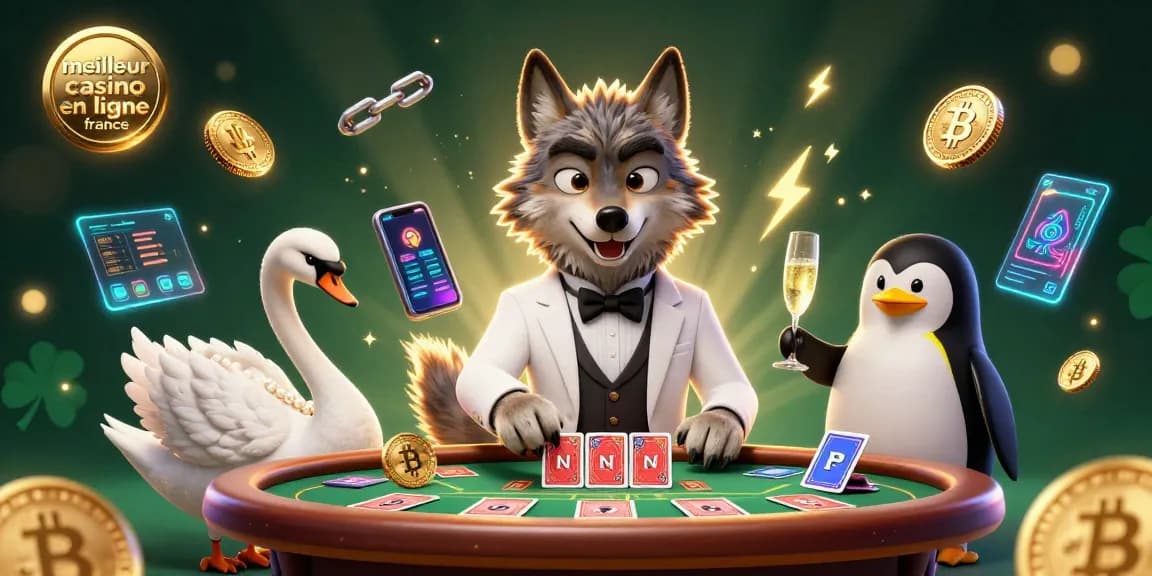 Dévoilez le meilleur casino en ligne France avec une scène animée de jeux de baccarat, crypto-monnaies et personnages captivants.