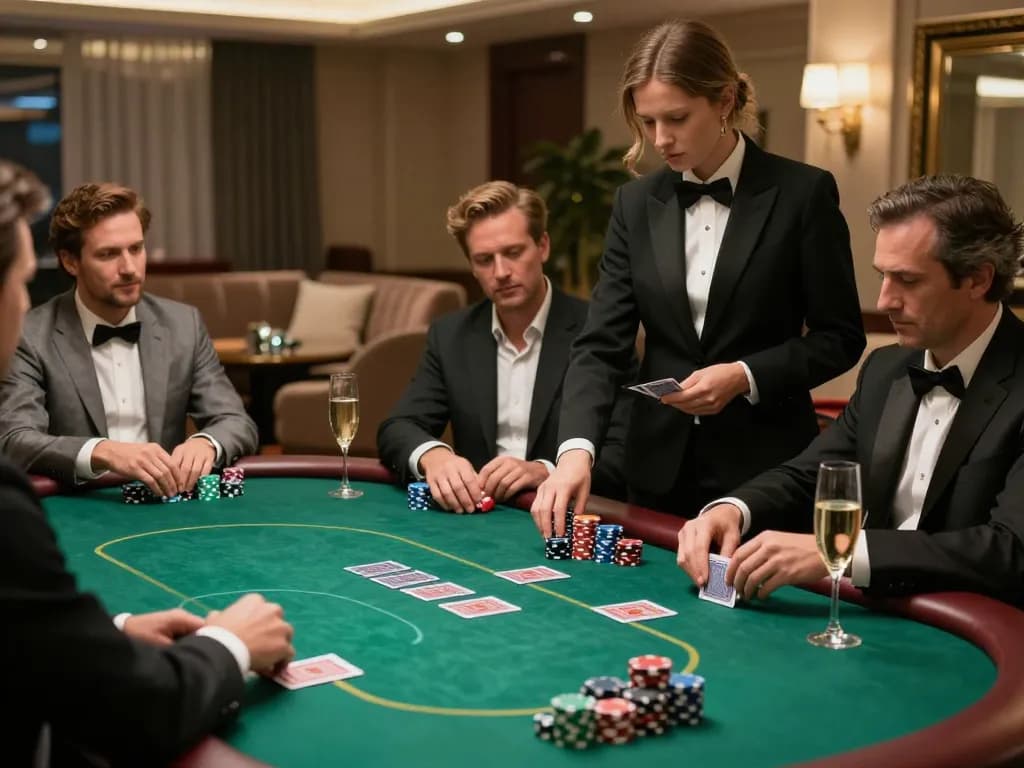 Vipwin high-stakes poker game in an exclusive casino VIP room with dealer and players engaged