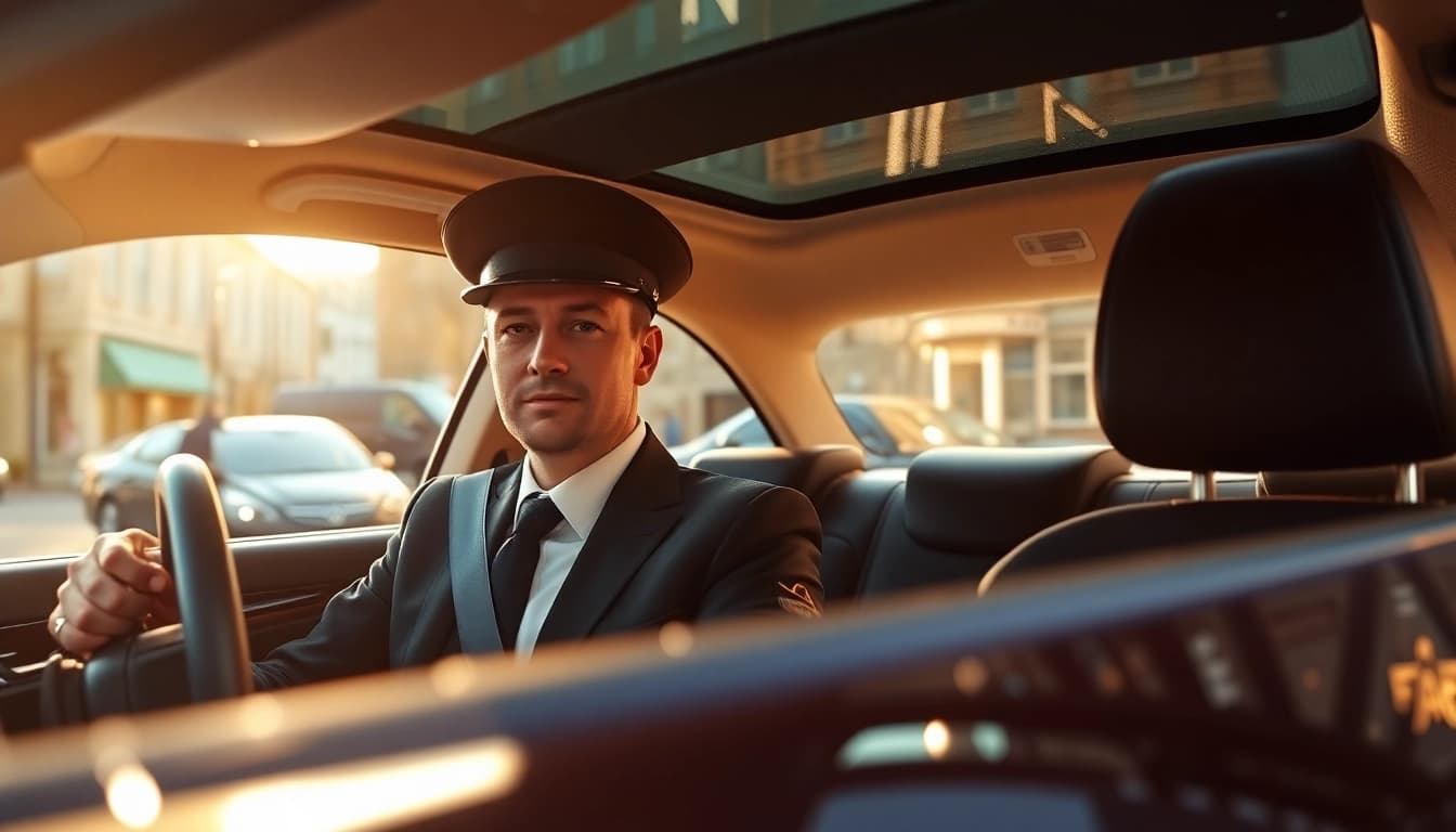 Chauffeur Hire Nottingham service featuring a luxury car in a city setting, highlighting elegance.