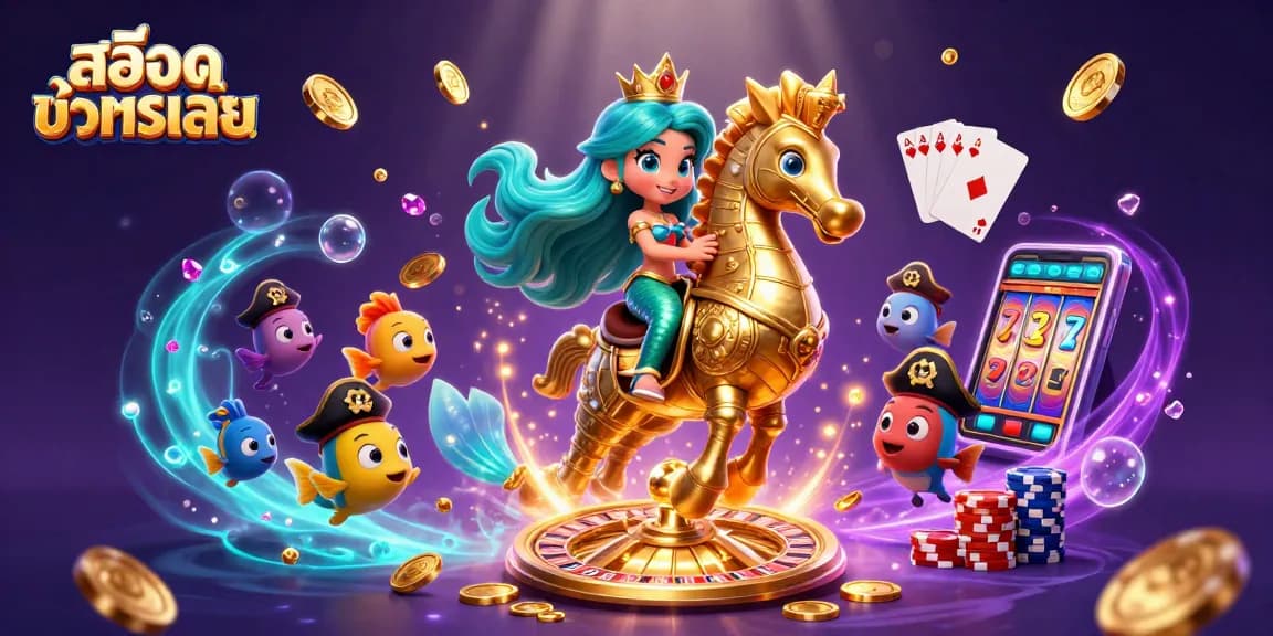 Play สล็อตทดลองเล่น with dynamic 3D casino characters amidst a vibrant underwater scene.