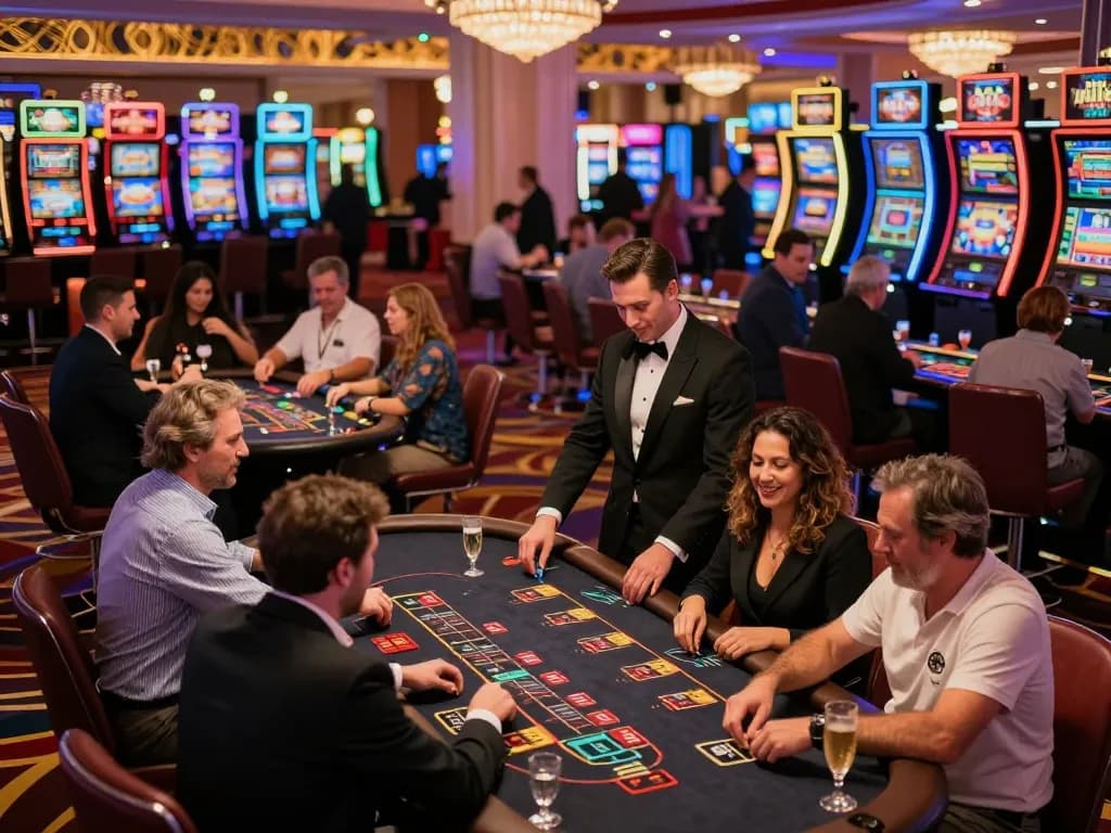 Engaged players at BK888 blackjack tables celebrating wins amidst vibrant Las Vegas casino atmosphere.