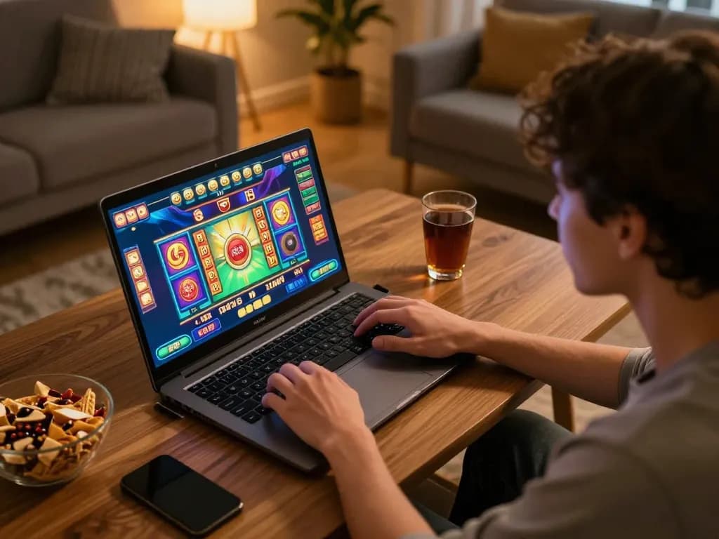 Player engaging with slot bonus new member offers on laptop at home, emphasizing strategic betting choices and responsible gaming.