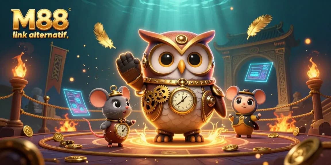 M88 link alternatif illustration showcasing a steampunk owl and mouse in a vibrant casino scene with dynamic elements.